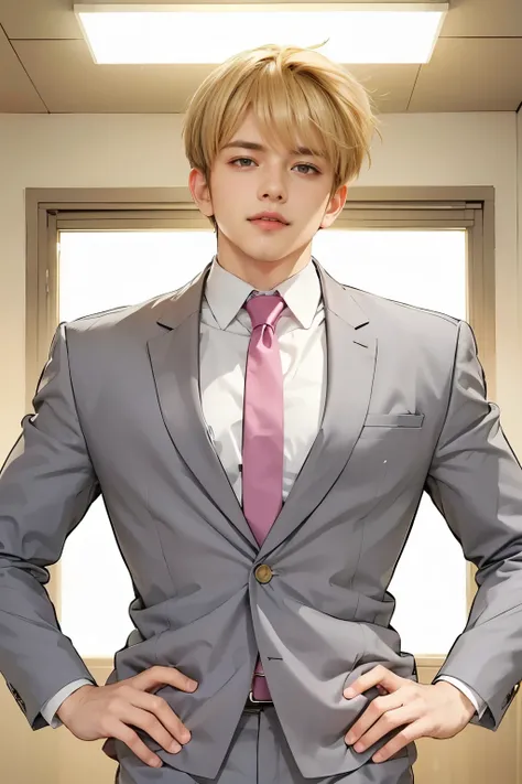 best quality, masterpiece, details, Close, Half Body, perfect ratio, handsome man, solo, droopy eyes,  and laugh,  sleepy, Three white eyes, 1boy , beige hair from below the bangs,  handsome Japanese man, gray suit, pink neck ,  glowing background of salva...