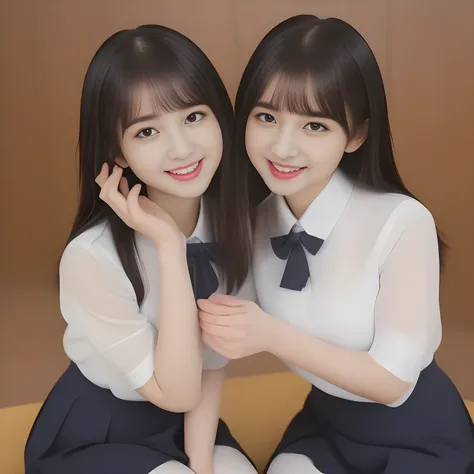 (masterpiece, best quality:1.2), High resolution, 1080P, 8K, 1girl, solo, (((Too beautiful Two zinomy noble lovely idols)) are seated on the viewer's leg and caressing the viewer together. Beautiful face looking down. All the girls are noble, neat, intelli...