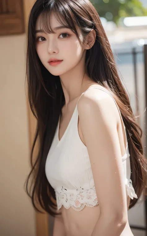 upperbody shot、front-facing view、a Japanese young pretty woman、Gentle face、hyper cute face、shiny lips、Double eyelids in both eyes、Natural makeup, Smile, long eyelashes are bright, Bob Hair Tweeny Smooth Light Brown Hair、Hair swaying in the wind, asymmetric...