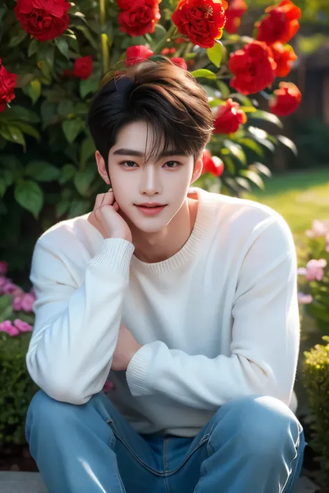 (Masterpiece, high quality, ultra detailed, RAW Photo, hyper-realistic), 1 young man, black short hair, have two layers hair, perfect eyes, perfect face, perfect smile, thin face, pale skin, ((wearing earing)), white sweater and denim pants, in the garden ...