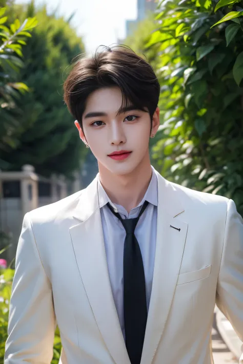 (Masterpiece, high quality, ultra detailed, RAW Photo, hyper-realistic), 1 young man, black short hair, perfect eyes, perfect face, perfect smile, thin face, pale skin, ((wearing earing)),  white shirt, black tie, cream blazer, denim pants, in the garden c...