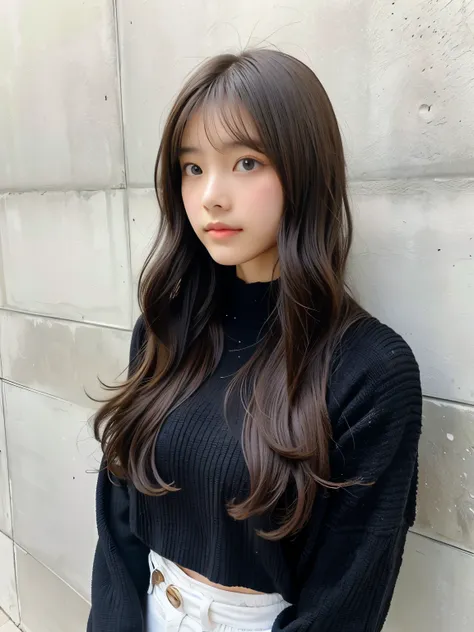 highest quality, 1 beautiful woman, 28 years old, s, 35mm lens, f/1, cowboy shot, concrete background、tile background、black waffle knit、light brown、tile wall,from below、wavy hair、medium hair