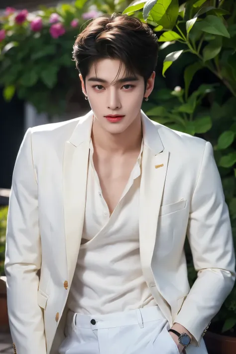 (Masterpiece, high quality, ultra detailed, RAW Photo, hyper-realistic, 4k), 1 young man, black short hair, perfect eyes, perfect face, perfect smile, thin face, pale skin, ((wearing earing)),  white shirt, black tie, cream blazer, denim pants, in the gard...