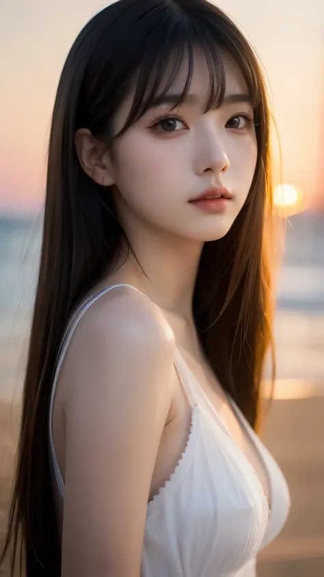 ((( Masterpiece))), Top, Award-winning works, extremely detailed , Extremely Detailed, detailed background, light, ( Very beautiful woman standing on the beach in the evening), Japanese, 20 years old, Nokizaka idol , extraordinary beautiful girl pho...