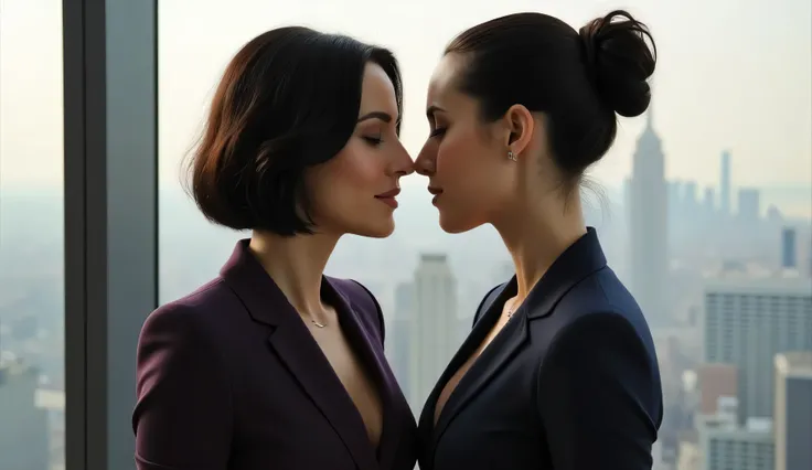 Two women, lesbian love, beautiful, desire, intense, intimate, teasing whisper, morning skyscraper, office . A FEMALE beautiful CEO( Elise Harrington, mid-30s with a sharp dark bob haircut, wearing an elegant CEO outfit) leaning and teasing a WHISPER to a ...