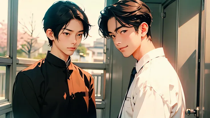 Two Japanese men handsome smile Black school run Cherry blossoms bloom outside the window two stand side by side Black school runを着た二人 The upper body is a black long-sleeved dress lower body nude changing room