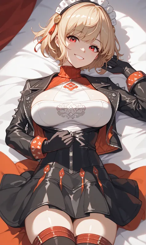 score_9, score_8_consolation, score_7_consolation, Source _animation, 1 girl, alone, cowboy shot, standing, looking at viewers, medium close up, Bernice,  orange eyes , blond hair, short hair, two side consolation, headdress,  hyper detail , black jacket, ...