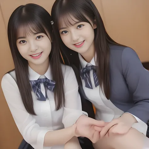 (masterpiece, best quality:1.2), High resolution, 1080P, 8K, 1girl, solo, (((Too beautiful Two zinomy noble lovely idols)) are seated on the viewer's leg and caressing the viewer together. Beautiful face looking down. All the girls are noble, neat, intelli...