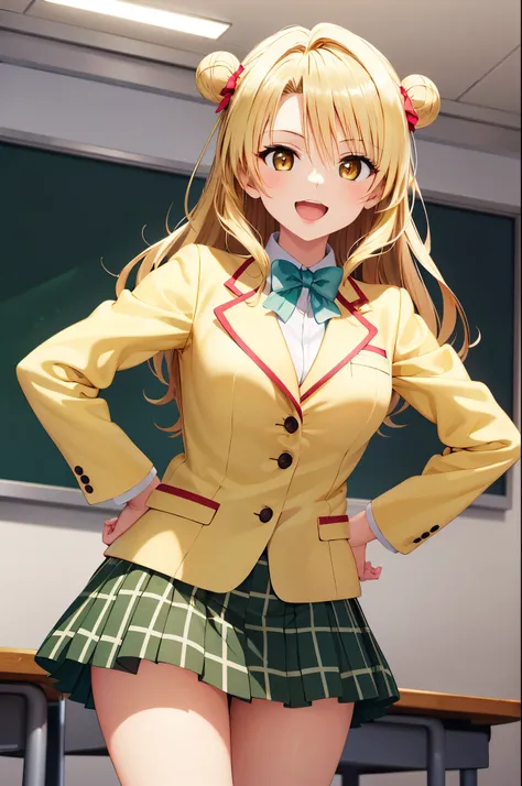 masterpiece, best quality, highres, 1girl, solo, long hair, blonde hair, double bun, brown eyes, school uniform, green bowtie, blazer, yellow jacket, long sleeves, plaid skirt, green skirt, standing ,hands on hips, classroom, smile,open mouth ,glossy lips,...
