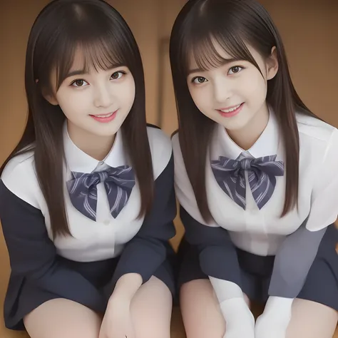 (masterpiece, best quality:1.2), High resolution, 1080P, 8K, 1girl, solo, (((Too beautiful Two zinomy noble lovely idols)) are seated on the viewer's leg and caressing the viewer together. Beautiful face looking down. All the girls are noble, neat, intelli...