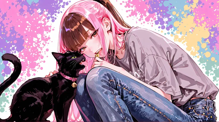 A cute girl with white and pink hair is wearing an oversized grey shirt and jeans, her mouth open in laughter as she holds a black cat. Another girl with a long, dark brown straight ponytail cut into two parts at the front of her head is also present, agai...