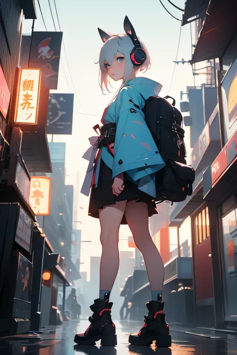 a stylish cyberpunk girl wearing a short kimono with a modern belt, asymmetrical glowing stockings, neon circuitry patterns on sleeves, thick-soled futuristic shoes with neon lights, holographic backpack showing device panels, LED earrings, rabbit-ear shap...