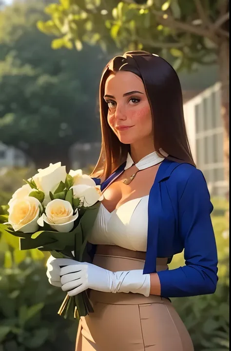Draped in an elegant, pale yellow ensemble that epitomizes vintage sophistication, a woman stands poised in a lush green park, the soft light of day enhancing her refined appearance. Her fitted skirt, paired with a matching cropped jacket, complements the ...