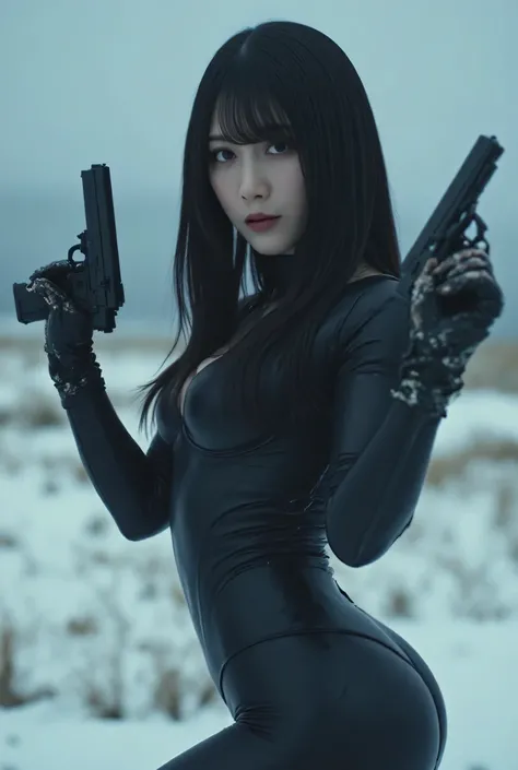 (((Snowy field at dawn with a blizzard:2.0))),(((HR Gigger style cyberpunk vibe:2.0))),(((hold a Glock-style handgun with both hands:2.0))),((point the muzzle at the camera:2.0)), standing,((full body:2.0)),one woman,(cute face),(Beautiful well-balanced fa...