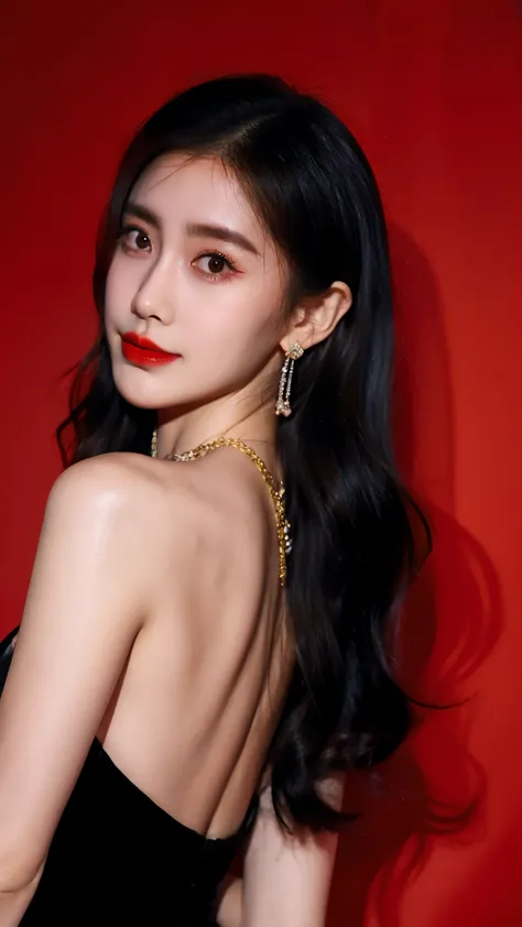Ultra HD resolution,artistic photos,Photography,21year old girl,earrings,long hair,Red background,Black backless dress,necklace,E cup