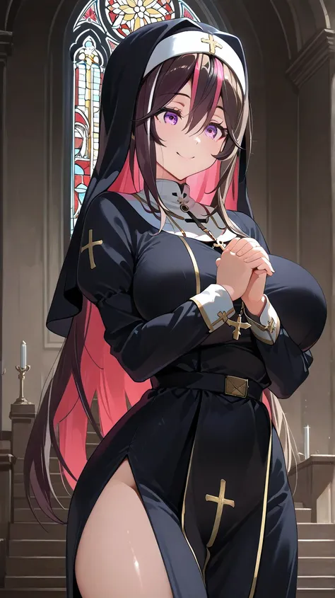 ((ultra-detailed)),best quality,masterpiece,(1 girl),solo,holy,cowboy shot,Beautiful nun, wimple, (((Sacred))),(( black Cassock clothing)),church、glass,((dark)), praying,masterpiece, top quality , great quality,  very aesthetic  , absurd,up to date, AZki、B...