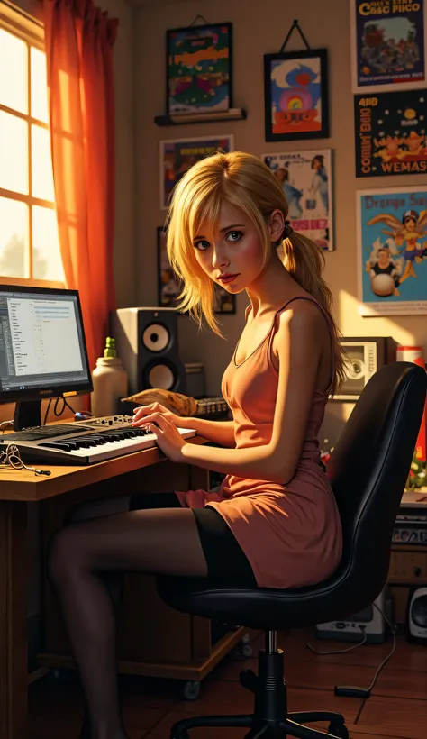 Young beauty Buffy Summers sits in a cozy home studio and composes music, creative atmosphere, joy and comfort, warmth, lots of posters with old games on the walls, lots of audio equipment and wires, perfect body, perfect figure, perfect cute young face, p...