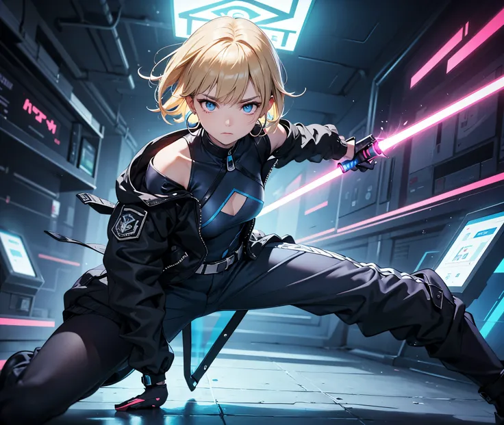 "A cyberpunk-style female character stands in a fighting stance with a single glowing blue lightsaber in her hand in a futuristic but ruined city. She has very short blonde hair with short cropped bangs and wears black hoop earrings in both ears. Her full-...