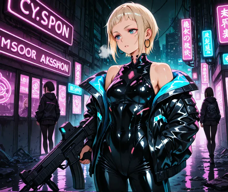 "A cyberpunk-style female character stands in a combat stance with an assault rifle in a futuristic but ruined city. She has very short blonde hair with short bangs and wears black hoop earrings in both ears. Her full-body black blouson reflects the cyber ...