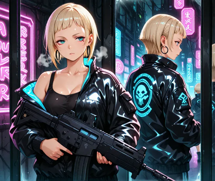 "A cyberpunk-style female character stands in a combat stance with an assault rifle in a futuristic but ruined city. She has very short blonde hair with short bangs and wears black hoop earrings in both ears. Her full-body black blouson reflects the cyber ...