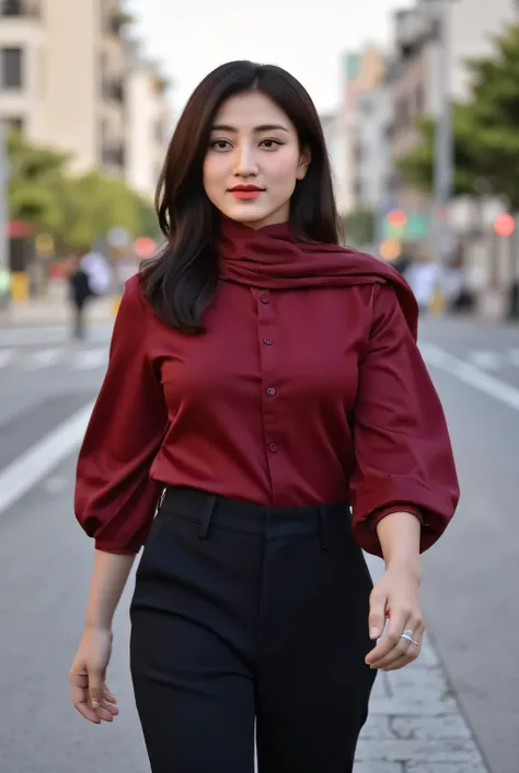 a beautiful woman, walking in the middle of the city, using a long muslim shirt of red satin material, black cotton trousers , big , red lips, black hair