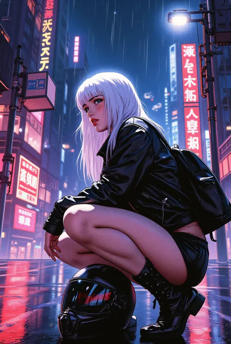 A highly detailed and realistic 4K cyberpunk illustration featuring a vintage analog photography style. A sensual young Japanese woman, dressed in a sultry schoolgirl outfit, wears a black leather jacket over her shirt. Her unbuttoned shirt reveals her sof...