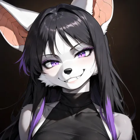 masterpiece, best quality, anime shading, centered, anthro, furry, fox female, ((white fox)), ((bat ears:1.5)), vivid purple eyes, white fur, white skin, ((long black hair with purple highlights)), ((smiling)), ((wearing a solid black fabric cami)), score_...