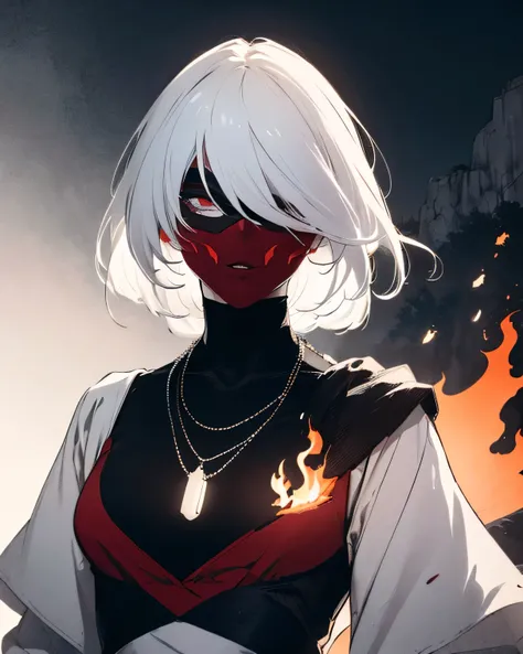 A woman with a pale figure,  thin and tall ., wearing formal clothing with medium and white hair above her shoulders, She is wearing a creative white mask with red details and a flame-shaped necklace,   The woman is looking at the sky  , at the top of a cl...