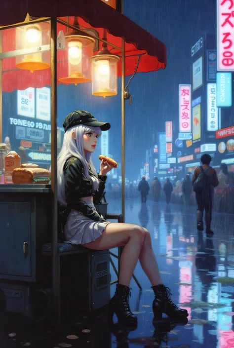 "A highly detailed, realistic 80s anime-style illustration, "4K," featuring a vintage analog photography style. A young Japanese woman, dressed in a elegant schoolgirl outfit, sits at a busy street food stall in a neon-lit Tokyo suburb, enjoying a hot-dog ...
