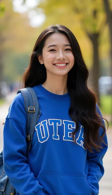high resolution photograph, 4k, from a young woman between 18 and 20 years old, long wavy black hair, light brown eyes, university student, with Andean features, with blue sweatshirt, with UTEA letters on the chest, with denim backpack, smiling, exudes op...