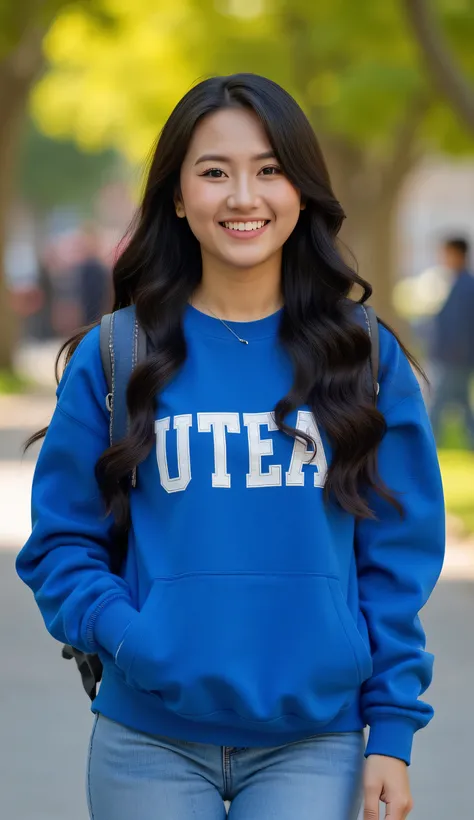 high resolution photograph, 4k, of a young woman between 18 and 20 years of age, long wavy black hair, light brown eyes, university student, with Andean features, with blue sweatshirt, with UTEA letters on the chest, with denim backpack, smiling, exudes o...