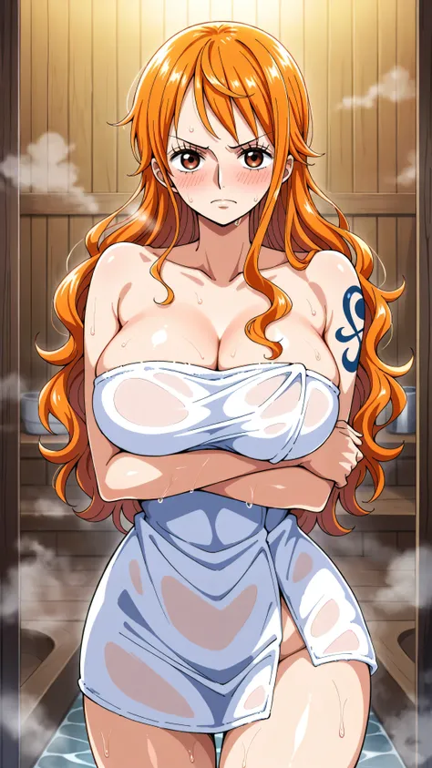 1girl,pov,cowboy shot,arms under breasts,looking at viewer,one piece,nami¥(one piece¥),long hair,wavy hair,orange hair,brown eyes,naked towel,large breasts,serious,nose blush,blush,wet,indoors,bathhouse,steam