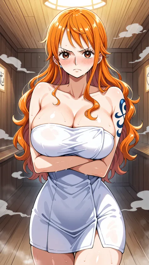 1girl,pov,cowboy shot,arms under breasts,looking at viewer,one piece,nami¥(one piece¥),long hair,wavy hair,orange hair,brown eyes,naked towel,large breasts,serious,nose blush,blush,wet,indoors,bathhouse,steam