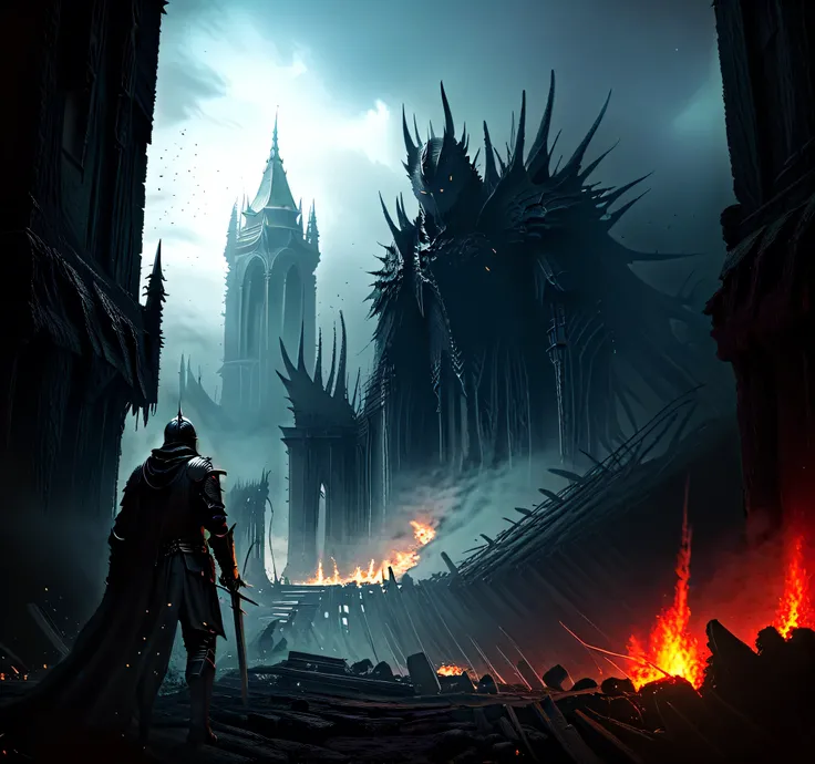 a battle scene, a knight in full armor facing a large monster on top of a ruin. make this image in souls style like the dark souls games in a sky with dark clouds