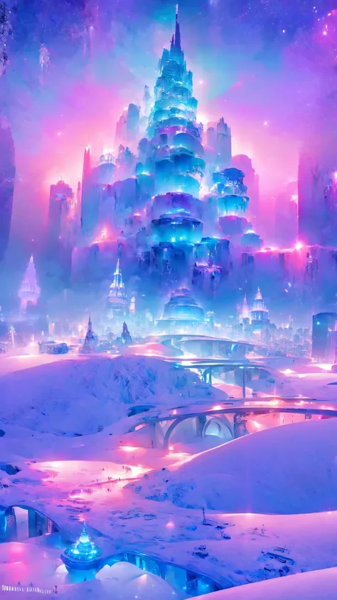 A beautiful futuristic city,(( in a snow landscape)), ice storm, futuristic fortress, luminous glyphs, 4k , uhd, insane details, white and blue
