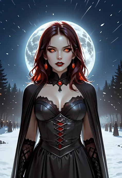 dark fantasy art, a picture of a fantasy, a beautiful female vampire, best detailed face, pale skin, lavender hair, glowing eyes, red eyes, wearing black dress, transparent voile fabric dress, goth dress, small cleavage, intricate dress, it is night time,...