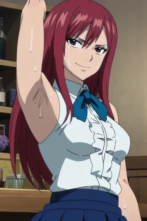 1girl, solo, upper body, facing viewer, looking at viewer, smile, ERZASCARLET, BARE SHOULDERS, WHITE SHIRT, BLUE SKIRT,armpits,armpit,sweat,sweaty,sweaty armpits,awesome armpits,tired,exhausted,sensual expression 