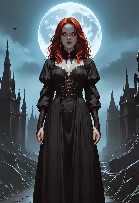 dark fantasy art, a picture of a fantasy, a beautiful female vampire, best detailed face,  pale skin, red hair, glowing eyes, red eyes, wearing black dress, transparent voile fabric dress, goth dress, small cleavage, intricate dress, it is night time, the ...