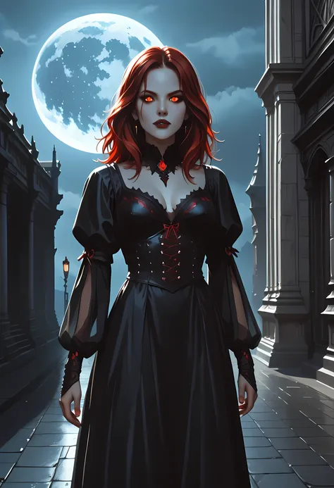 dark fantasy art, a picture of a fantasy, a beautiful female vampire, best detailed face,  pale skin, red hair, glowing eyes, red eyes, wearing black dress, transparent voile fabric dress, goth dress, small cleavage, intricate dress, it is night time, the ...