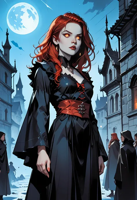 dark fantasy art, a picture of a fantasy, a beautiful female vampire, best detailed face, pale skin, red hair, glowing eyes, red eyes, wearing black dress, transparent voile fabric dress, goth dress, small cleavage, intricate dress, it is night time, the ...