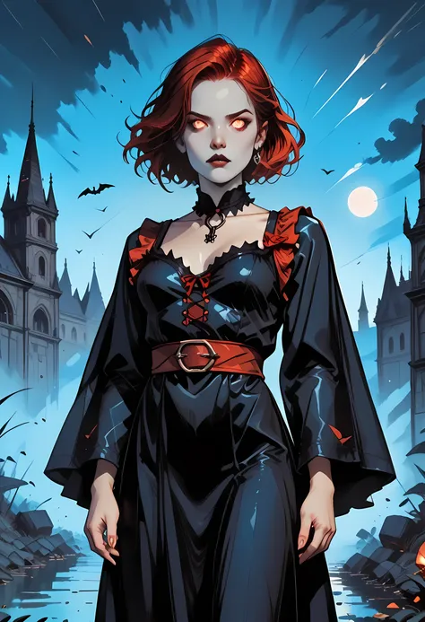 dark fantasy art, a picture of a fantasy, a beautiful female vampire, best detailed face,  pale skin, red hair, glowing eyes, red eyes, wearing black dress, transparent voile fabric dress, goth dress, small cleavage, intricate dress, it is night time, the ...