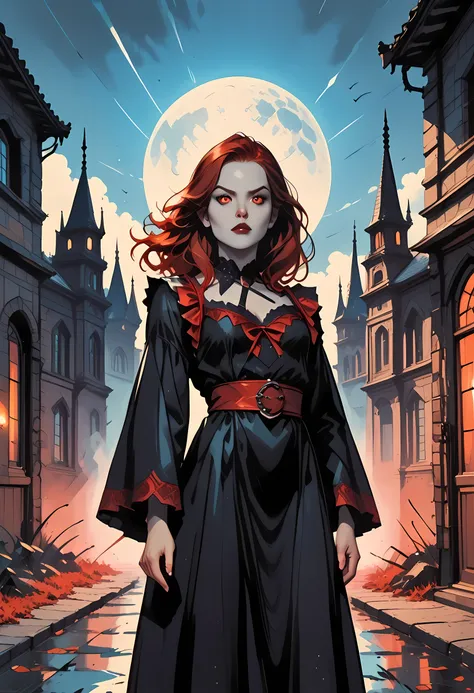 dark fantasy art, a picture of a fantasy, a beautiful female vampire, best detailed face,  pale skin, red hair, glowing eyes, red eyes, wearing black dress, transparent voile fabric dress, goth dress, small cleavage, intricate dress, it is night time, the ...