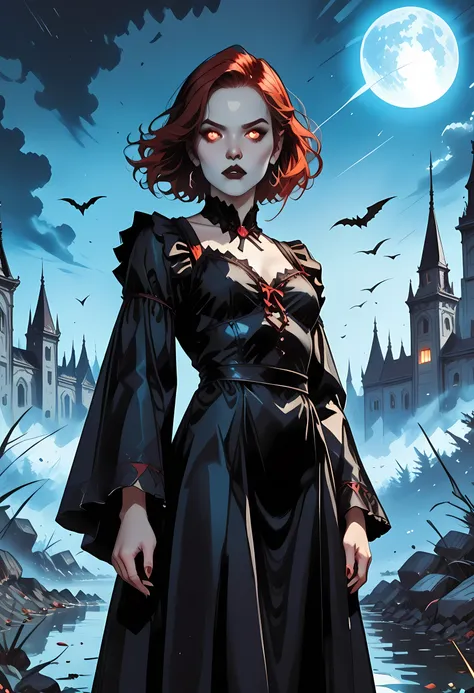 dark fantasy art, a picture of a fantasy, a beautiful female vampire, best detailed face, pale skin, red hair, glowing eyes, red eyes, wearing black dress, transparent voile fabric dress, goth dress, small cleavage, intricate dress, it is night time, the ...