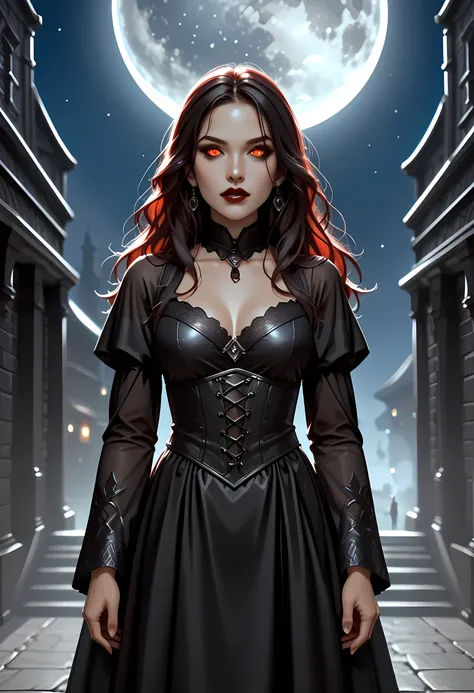 dark fantasy art, a picture of a fantasy, a beautiful female vampire, best detailed face, pale skin, cobalt hair, glowing eyes, red eyes, wearing black dress, transparent voile fabric dress, goth dress, small cleavage, intricate dress, it is night time, t...