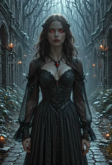 dark fantasy art, a picture of a fantasy, a beautiful female vampire, best detailed face,  pale skin, cobalt hair, glowing eyes, red eyes, wearing black dress, transparent fabric dress, goth dress, small cleavage, intricate dress, it is night time, the moo...