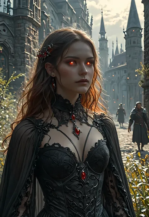 dark fantasy art, a picture of a fantasy, a beautiful female vampire, best detailed face,  pale skin, cobalt hair, glowing eyes, red eyes, wearing black dress, transparent fabric dress, goth dress, small cleavage, intricate dress, it is night time, the moo...
