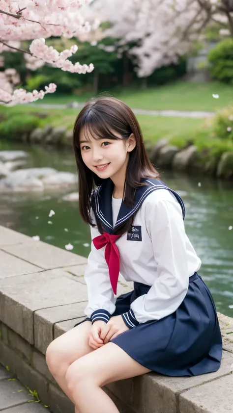 female student in sailor suit sitting on bank slope, Japanese, idol bending over, very high quality, reality, cherry blossoms, semi-long, black hair, smile, Long Sleeve, full body, 幸せなsmileと怠惰な顔., short bob, delicate girl, refined