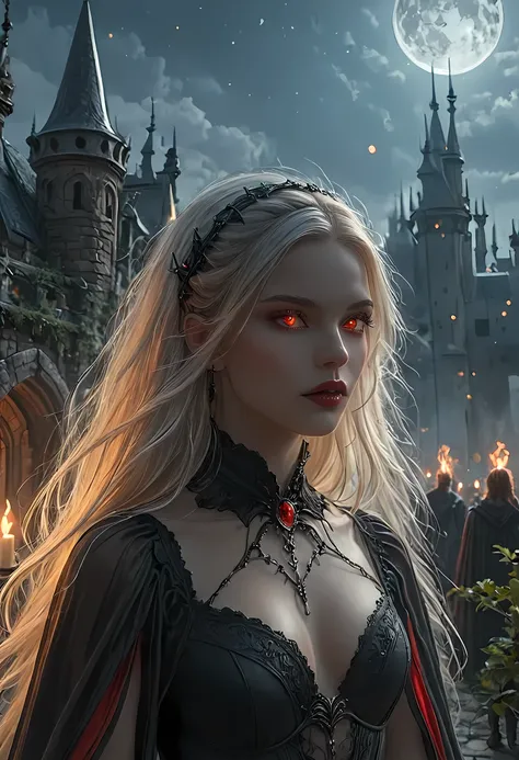dark fantasy art, a picture of a fantasy, a beautiful female vampire, best detailed face,  pale skin, cobalt hair, glowing eyes, red eyes, wearing black dress, transparent fabric dress, goth dress, small cleavage, intricate dress, it is night time, the moo...