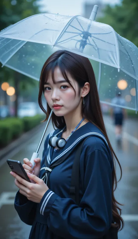 Candid portrait of a young woman in a school uniform holding an umbrella and a smartphone On a rainy day : Theme: [She is holding one transparent umbrella with raindrops on it, dark bangs]. [Headphones around her neck，with a lovely character pattern on it,...
