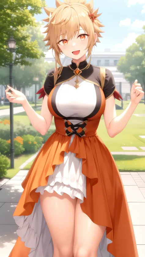 masterpiece, best quality, high quality, girl, solo, looking at viewer, shuu_inuzuka, spiked hair, light brown hair, orange eyes, large breasts, Genshin Impact cosplay, princess Dress, standing, smile, open mouth, outdoors 